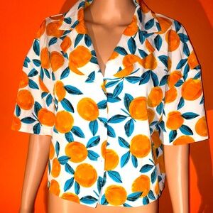 Vibrant Orange and Blue Leaf Print Shirt